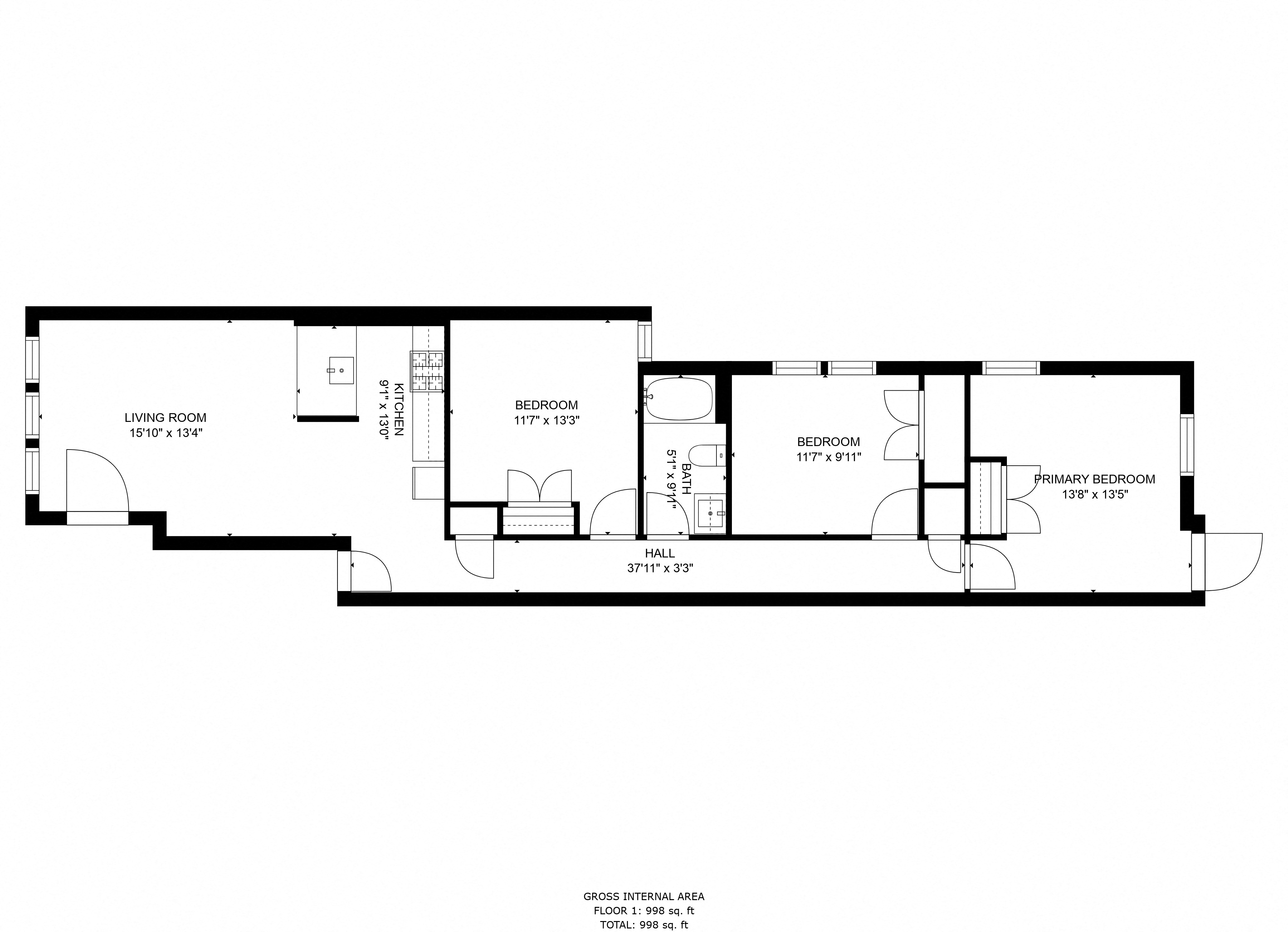 Floor plan for 3 beds, 1 bath, 1300 sqft